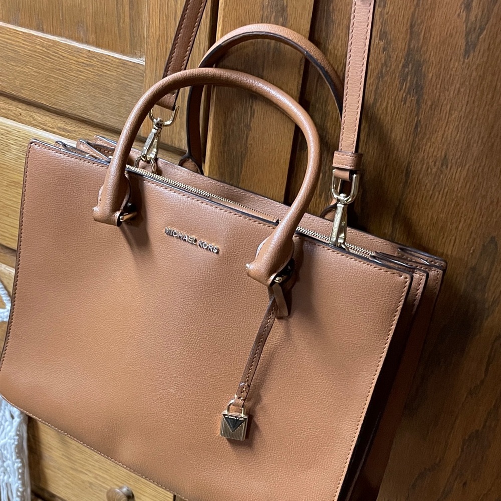 Michael Kors Cognac Leather 5 section Satchel with Crossbody Strap